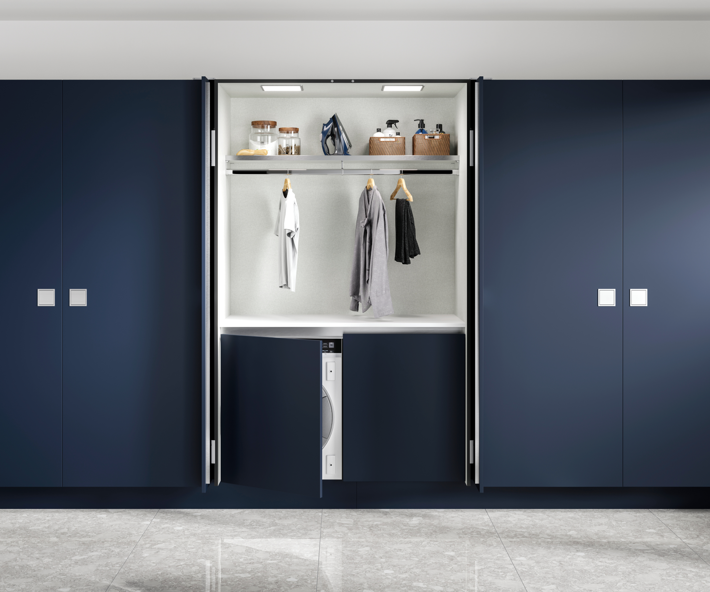 dark blue utility area with sliding pocket doors on floor to ceiling units