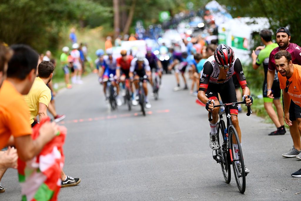 BILBAO SPAIN AUGUST 24 Marc Soler Gimenez of Spain and UAE Team Emirates attacks in the breakaway during the 77th Tour of Spain 2022 Stage 5 a 1872km stage from Irn to Bilbao LaVuelta22 WorldTour on August 24 2022 in Bilbao Spain Photo by Tim de WaeleGetty Images