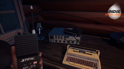 Looking at a radio and a typewriter while holding a walkie-talkie in Radiolight