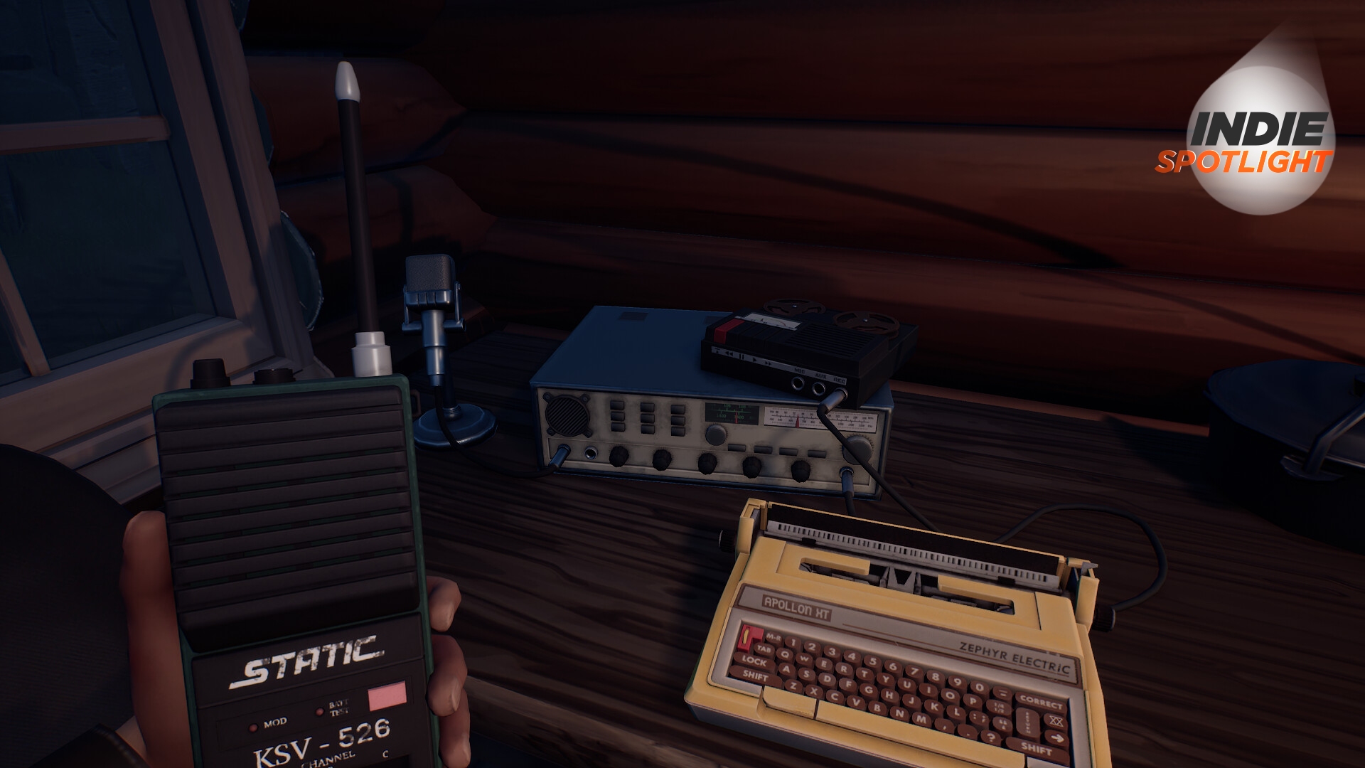Looking at a radio and a typewriter while holding a walkie-talkie in Radiolight