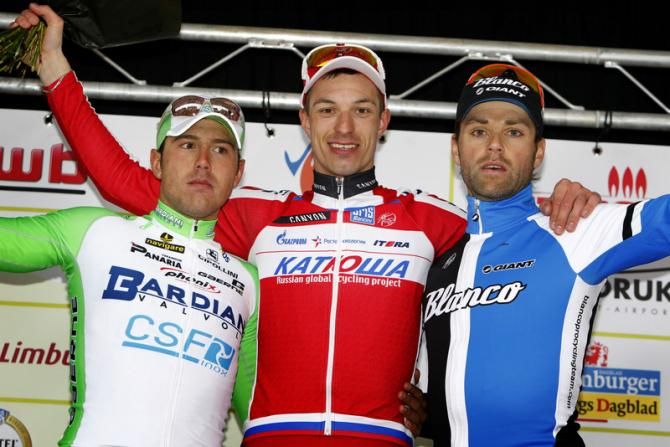 The 2013 Volta Limburg podium: Sonny Colbrelli (Bardiani Valvole-CSF Inox), Rudiger Selig (Katusha), Paul Martens (Blanco Pro Cycling Team)