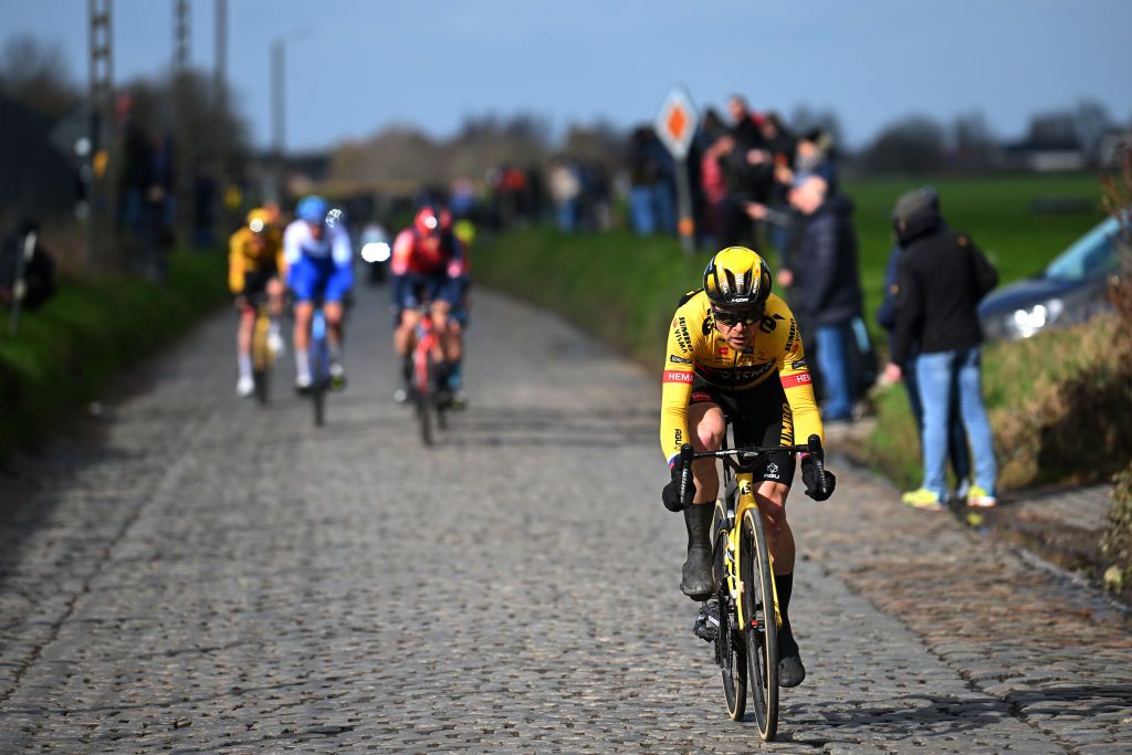 NINOVE BELGIUM FEBRUARY 25 Jan Tratnik of Slovenia and Team JumboVisma attacks in the breakaway during the 78th Omloop Het Nieuwsblad Elite 2023 Mens Elite a 2073km one day race from Ghent to Ninove OHN23 on February 25 2023 in Ninove Belgium Photo by Luc ClaessenGetty Images