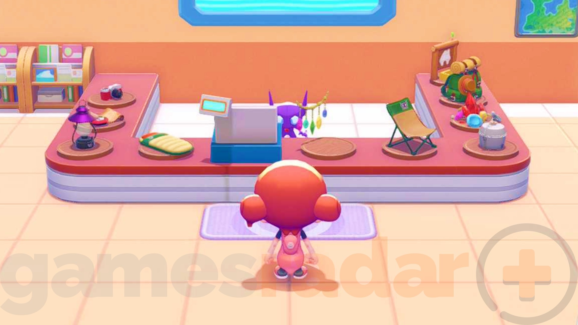 Ditto talks to Sableye who is trading items during a Pokopia event.