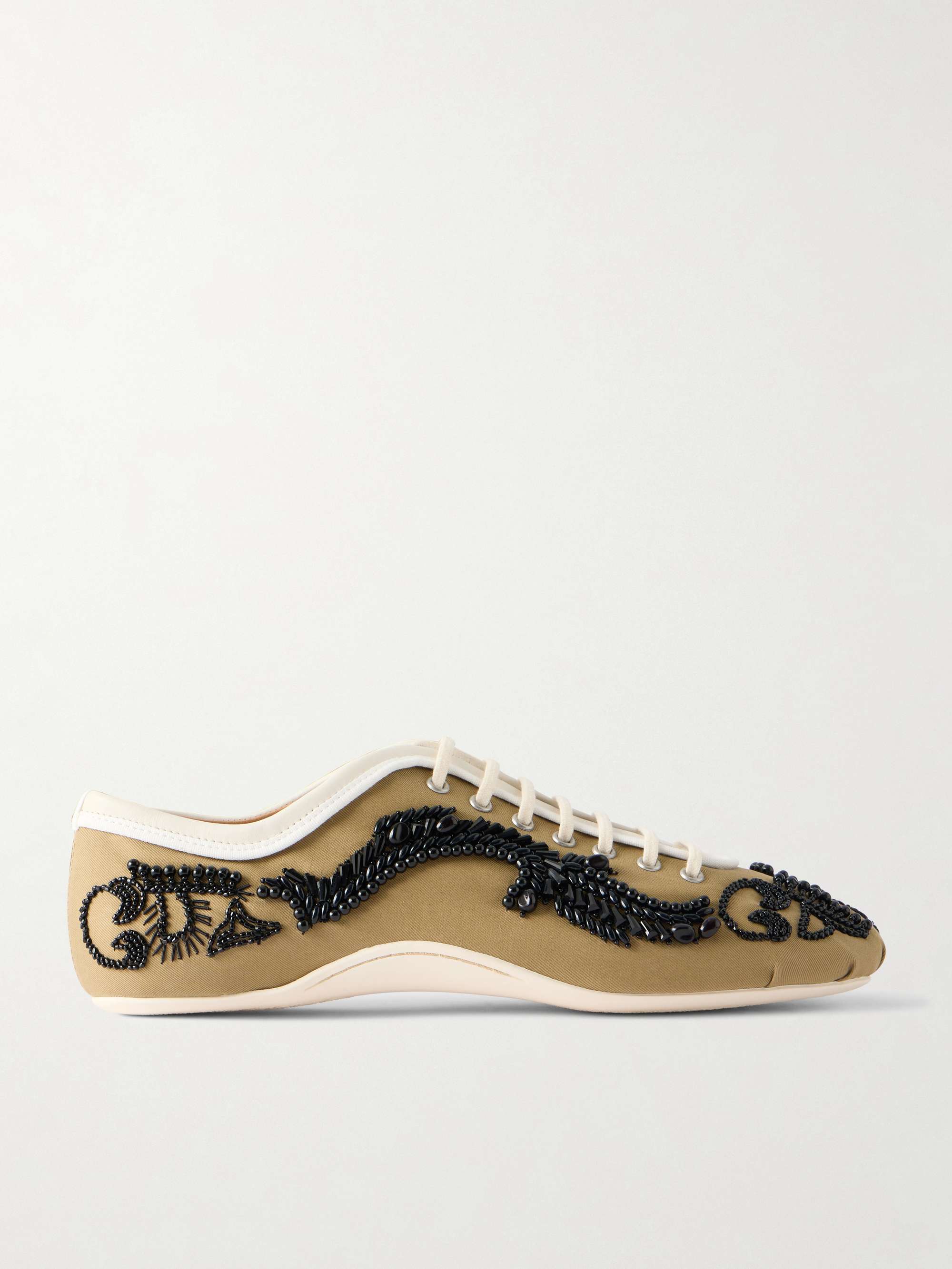 Bead-Embellished Leather-Trimmed Twill Sneakers