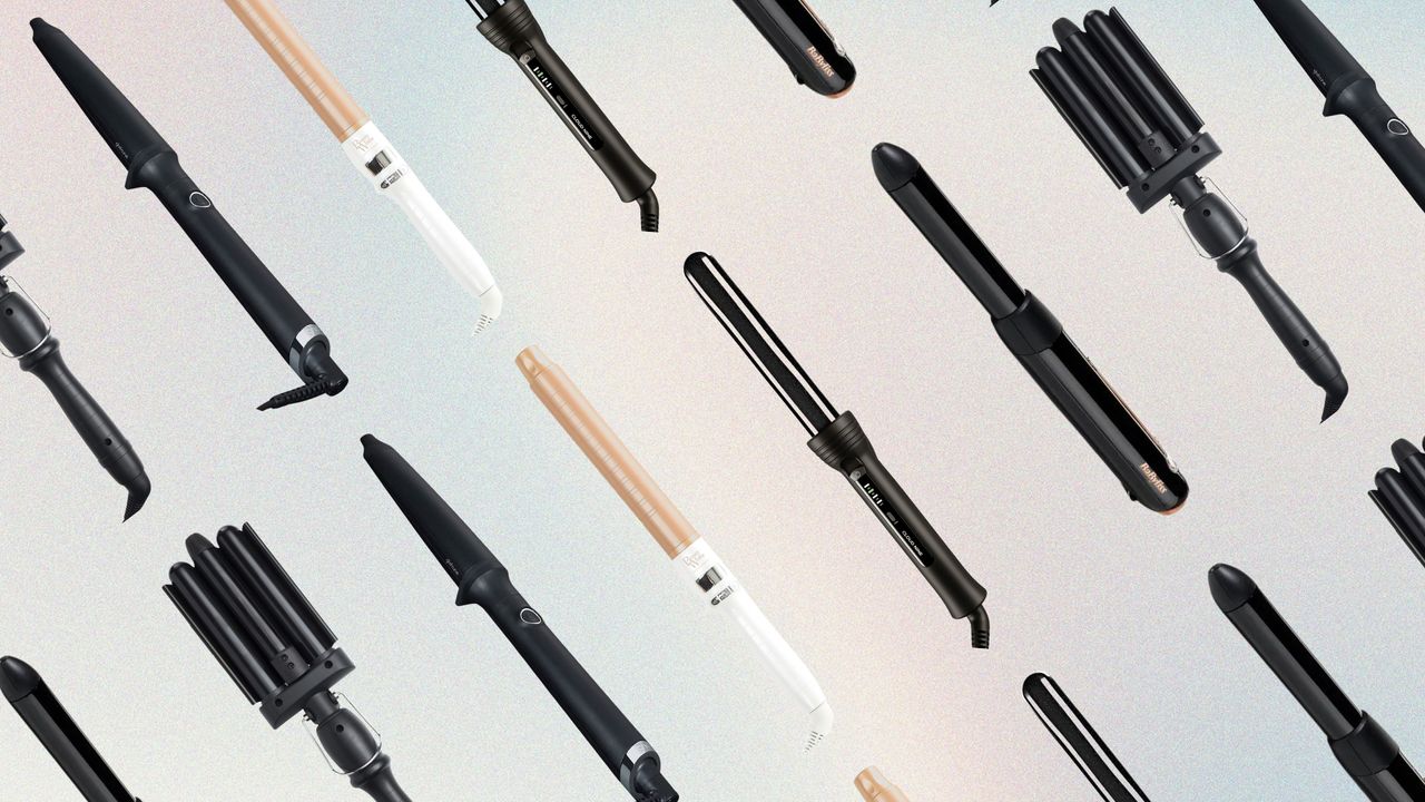 Collage of the best curling wands for fine hair on a pastel watercolour background, including (L-R) Amika, ghd, Beauty Works, Cloud Nine and BaByliss 