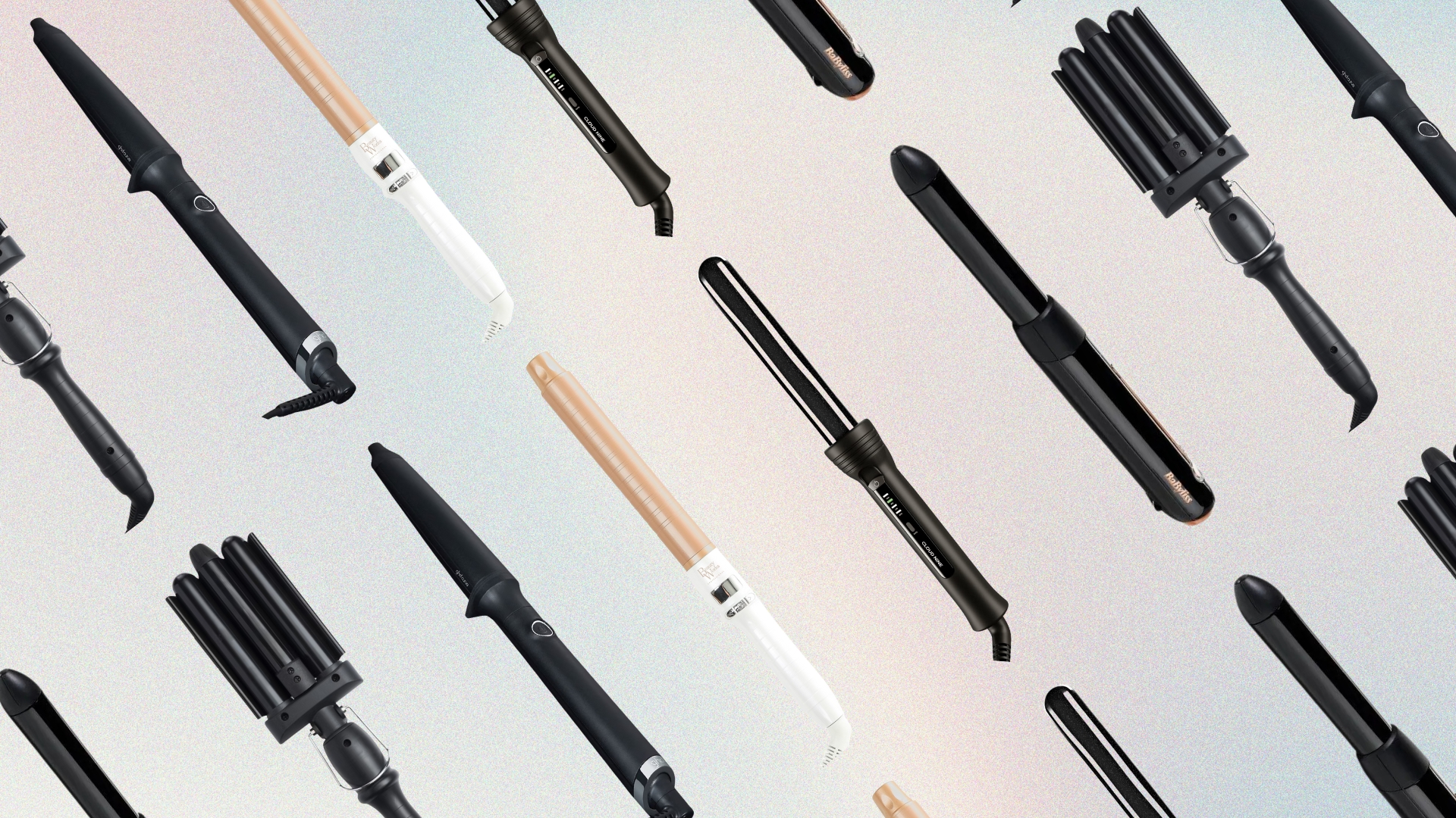 Collage of the best curling wands for fine hair on a pastel watercolour background, including (L-R) Amika, ghd, Beauty Works, Cloud Nine and BaByliss 