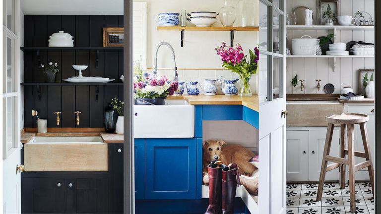 Laundry room ideas in a black, cream and blue, and white neutral scheme.