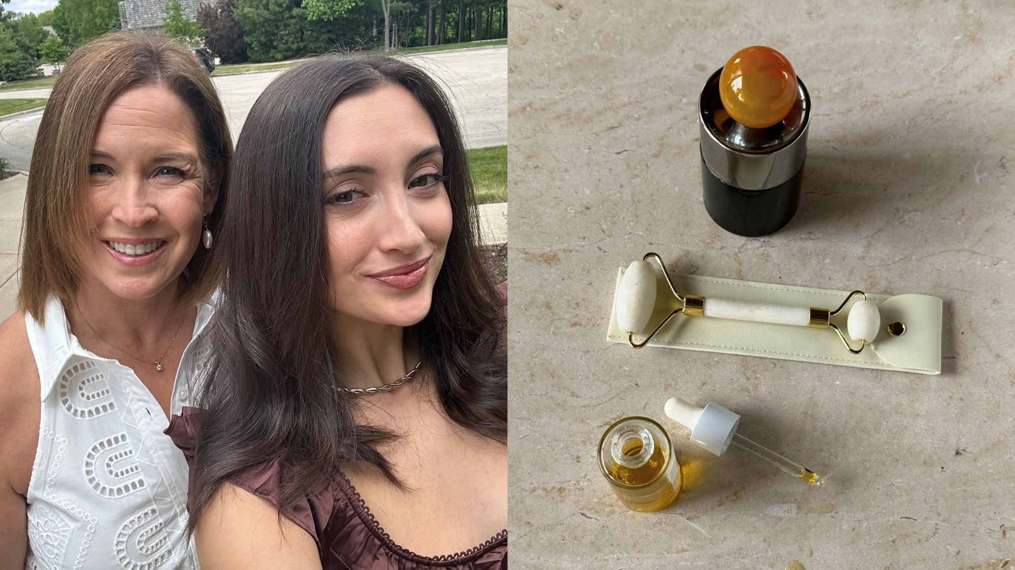 Who What Wear associate beauty editor Alyssa Brascia and her mom, Lori Brascia, next to an image of skincare products and tools.