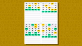 Quordle daily sequence answers for game 676 on a yellow background