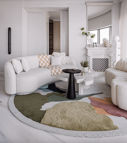 Neutral living room with bold rug