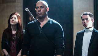 L-R: Chloe (Rose Leslie), Kaulder (Vin Diesel) and Dolan 37 (Elijah Wood) in a scene from "The Last Witch Hunter"