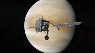 An artist impression of Solar Orbiter during its second flyby of Venus, scheduled to take place Aug. 10, 2021.