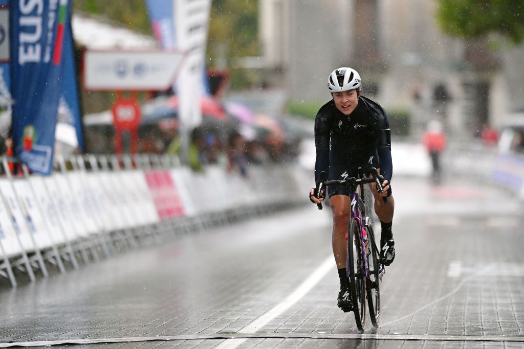 MARKINA SPAIN MAY 12 Marlen Reusser of Switzerland and Team SD Worx crosses the finish line on second place during the 2nd Itzulia Women 2023 Stage 1 a 1222km stage from Etxebarria to MarkinaXemein UCIWWT on May 12 2023 in Markina Spain Photo by Dario BelingheriGetty Images