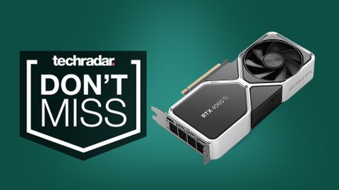 An Nvidia RTX 4060 Ti against a green background with a TechRadar Don't Miss badge