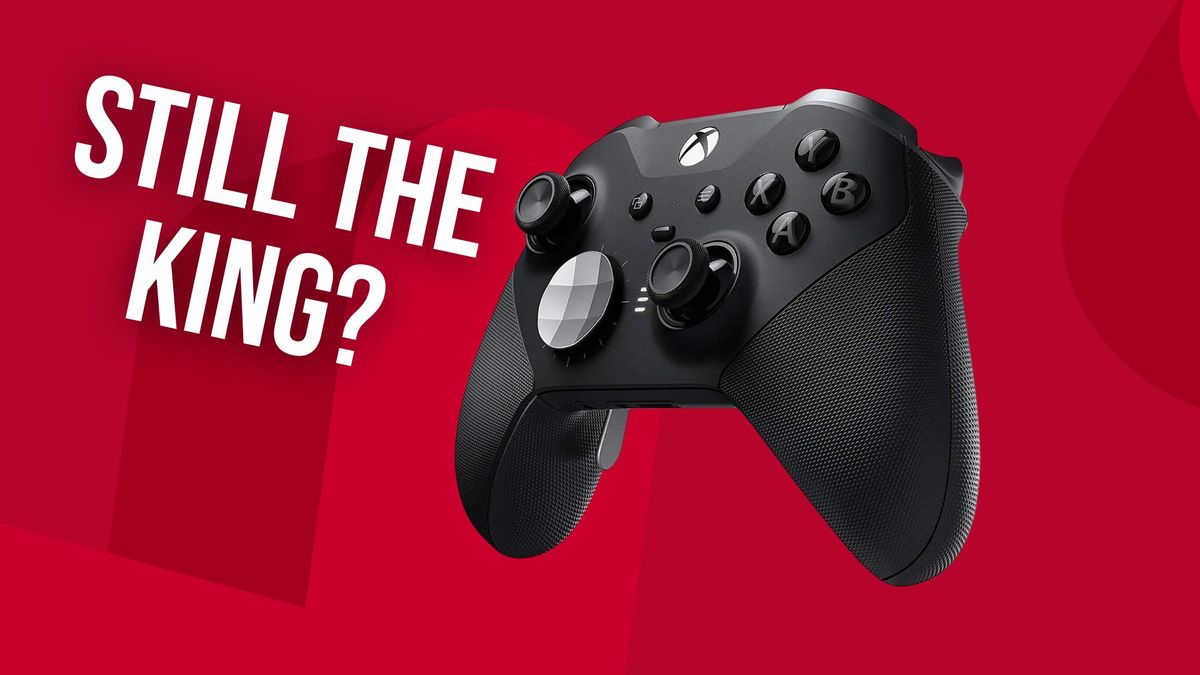 The Elite Series 2 controller on a red background with the question &quot;still the king?&quot; next to it