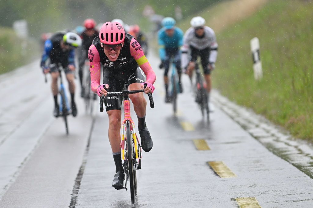 VERNIER SWITZERLAND APRIL 28 Darren Rafferty of Ireland and Team EF Education EasyPost attacks in the breakaway during the 77th Tour De Romandie 2024 Stage 5 a 1508km stage from Vernier to Vernier UCIWT on April 28 2024 in Vernier Switzerland Photo by Luc ClaessenGetty Images