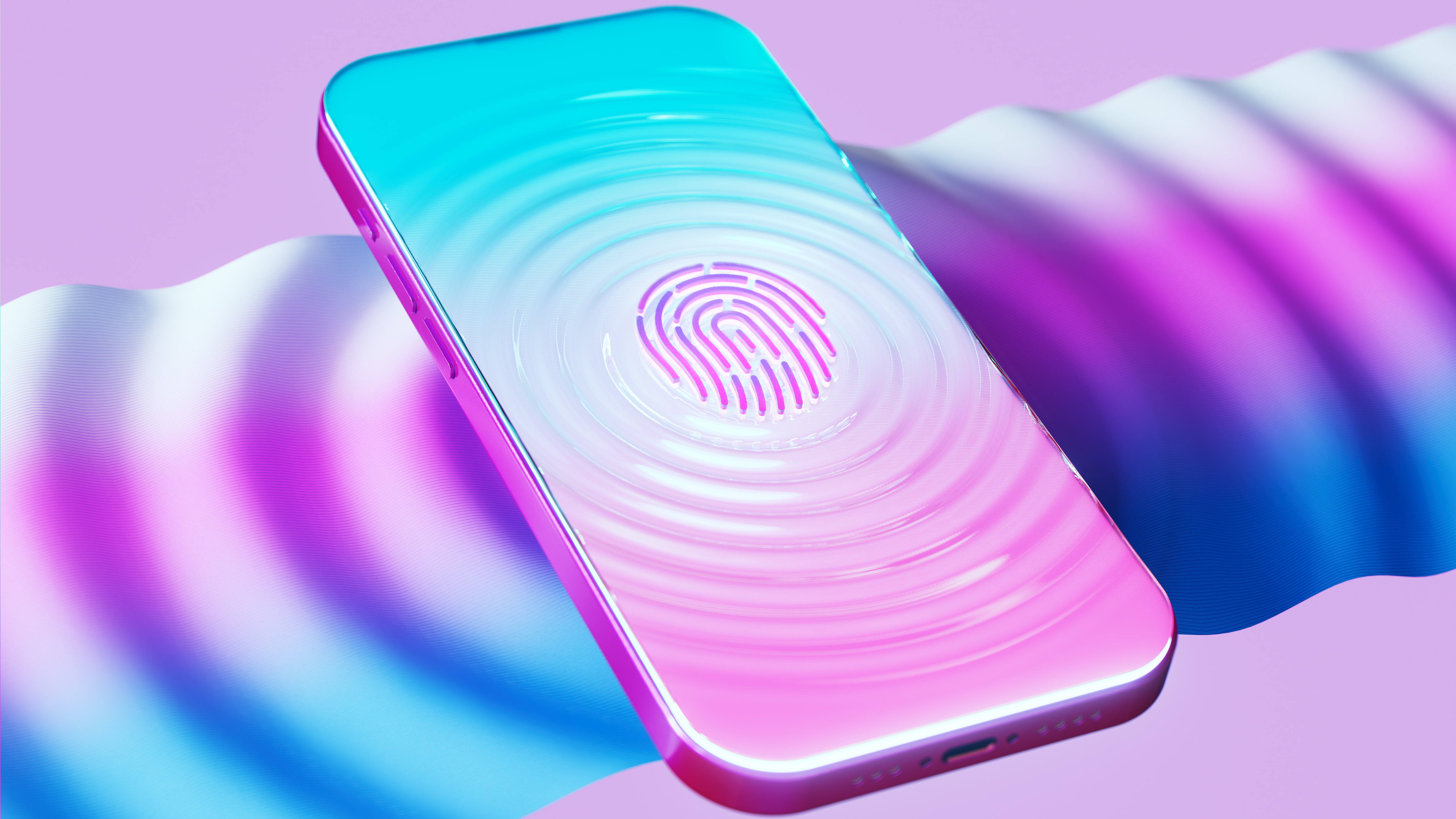 Digital generated image of smartphone display with a futuristic biometric fingerprint authentication system
