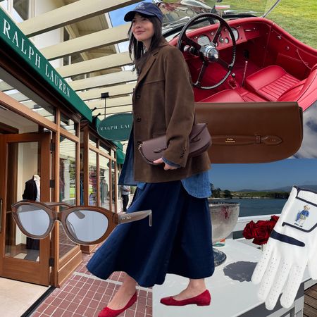 Collage featuring Kat Collings wearing a brown suede blazer, a boat, the Ralph Lauren store at Pebble Beach, a red interior vintage car, and product stills of sunglasses, golf glove, and brown purse.
