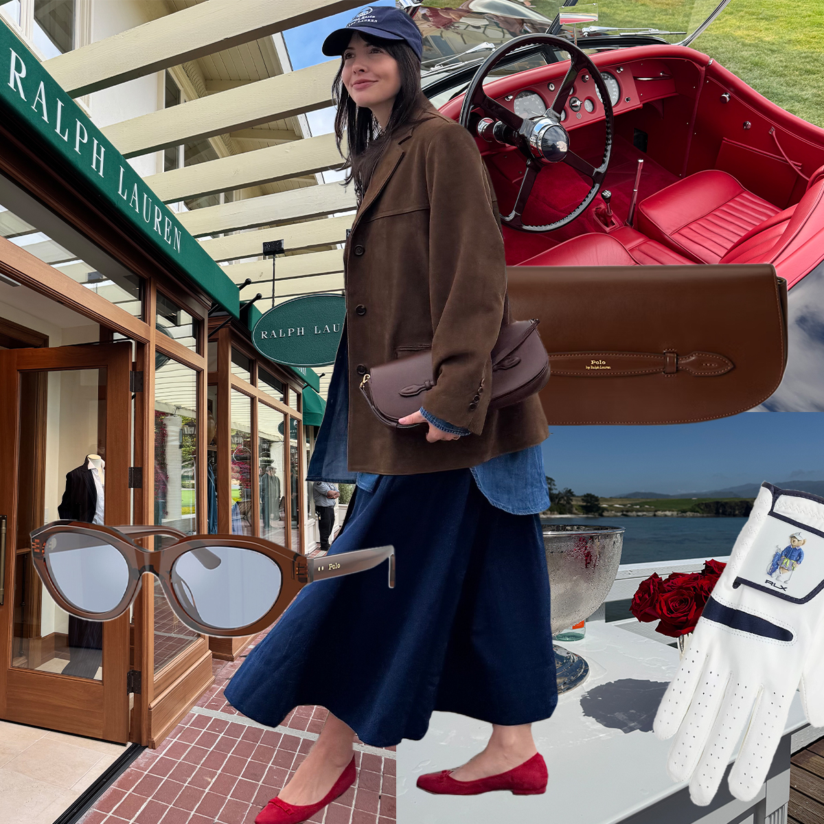 Collage featuring Kat Collings wearing a brown suede blazer, a boat, the Ralph Lauren store at Pebble Beach, a red interior vintage car, and product stills of sunglasses, golf glove, and brown purse.