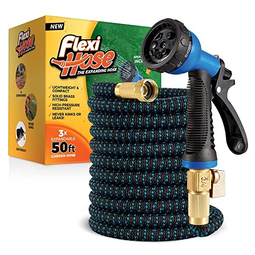 Flexi Hose With 8 Function Nozzle, 50ft - Lightweight Expandable Garden Hose, No-Kink Flexibility, 3/4 Inch Solid Brass Fittings and Double Latex Core