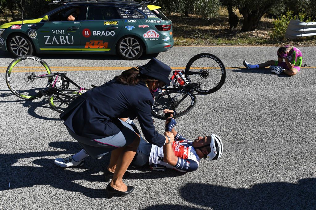 VIESTE ITALY OCTOBER 10 Gianluca Brambilla of Italy and Team Trek Segafredo Police Giovanni Carboni of Italy and Team Bardiani CSF Faizane Crash Injury during the 103rd Giro dItalia 2020 Stage Eight a 200km stage from Giovinazzo to ViesteGargano girodiitalia Giro on October 10 2020 in Vieste Italy Photo by Tim de WaeleGetty Images