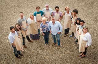 Mary and Paul with the 2015 Great British Bake Off contestants