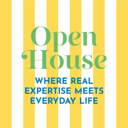 Ideal Home Open House badge on yellow and white stripes