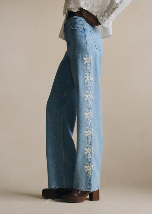 Valentin Trousers - S&amp;eacute;zane X Sea Ny - Denim Blue With Cream Embroidery - Recycled Cotton - S&amp;eacute;zane
