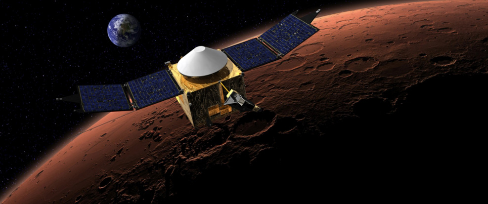 This artist's concept shows the MAVEN spacecraft in orbit around Mars. MAVEN is one of several missions investigating the Martian atmosphere today.