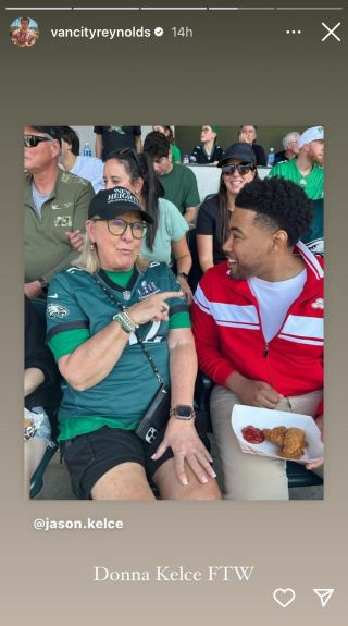 Ryan Reynolds reposted a photo of Donna Kelce and Jake from State Farm on his Instagram story after Jason Kelce posted the photo.