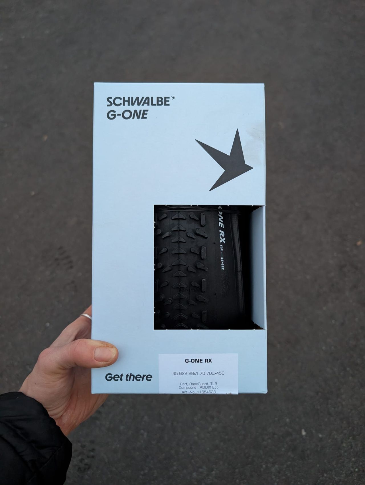Schwalbe G-One RX 45mm tyre in cardboard packaging
