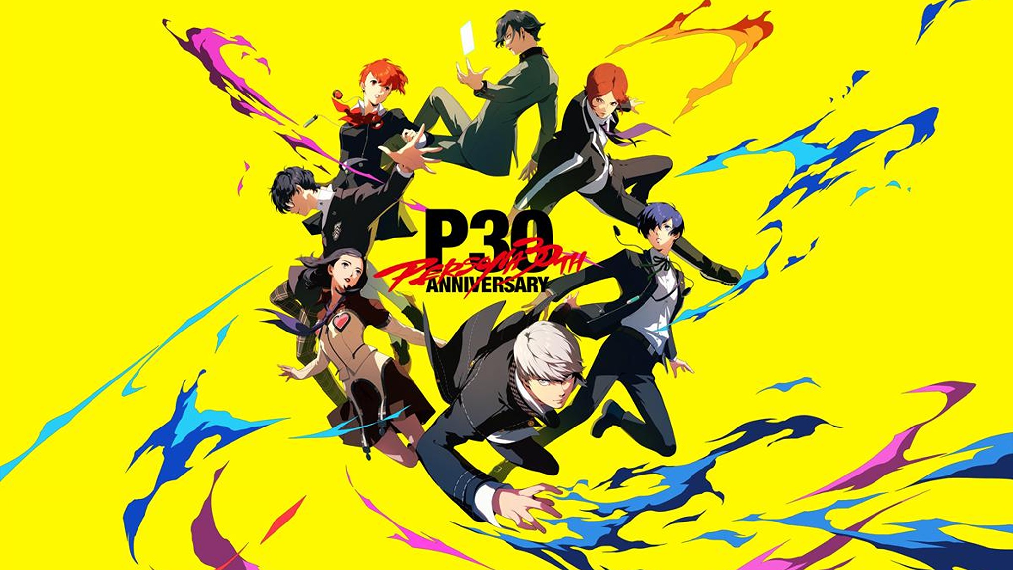 Eight characters in dynamic poses are surrounded by colorful, abstract splashes on a bright yellow background. "P30 Persona 30th Anniversary" text is central.