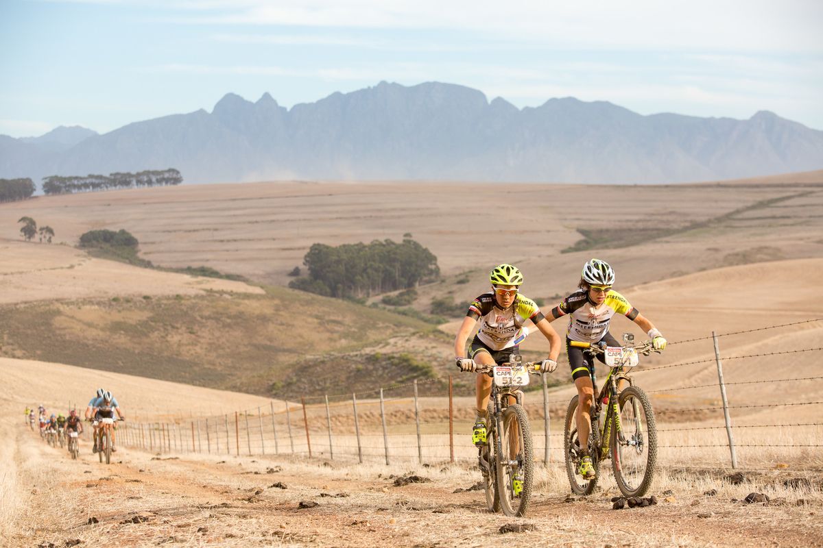 Alice Pirard (L) Sally Bigham (R) during stage 3 of the 2015 Absa Cape Epic Mountain Bike stage race