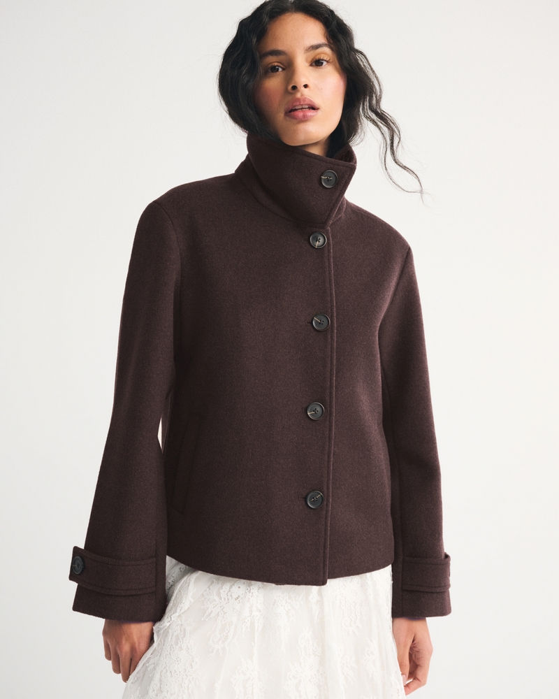 Funnel Neck Wool-Blend Short Coat