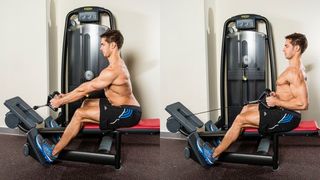 A man performing a seated cable row as part of a workout plan for muscle gain