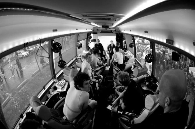 Tour de France 2011: A rare opportunity to enter the inner sanctum of the Team Sky bus with team principal Sir David Brailsford (R), Geraint Thomas (L) Edvald Boasson Hagen (R), Simon Gerrans (mid left), plus Sean Yates and Shane Sutton at the front of the bus talking team tactics, whilst the media and spectators eagerly await them