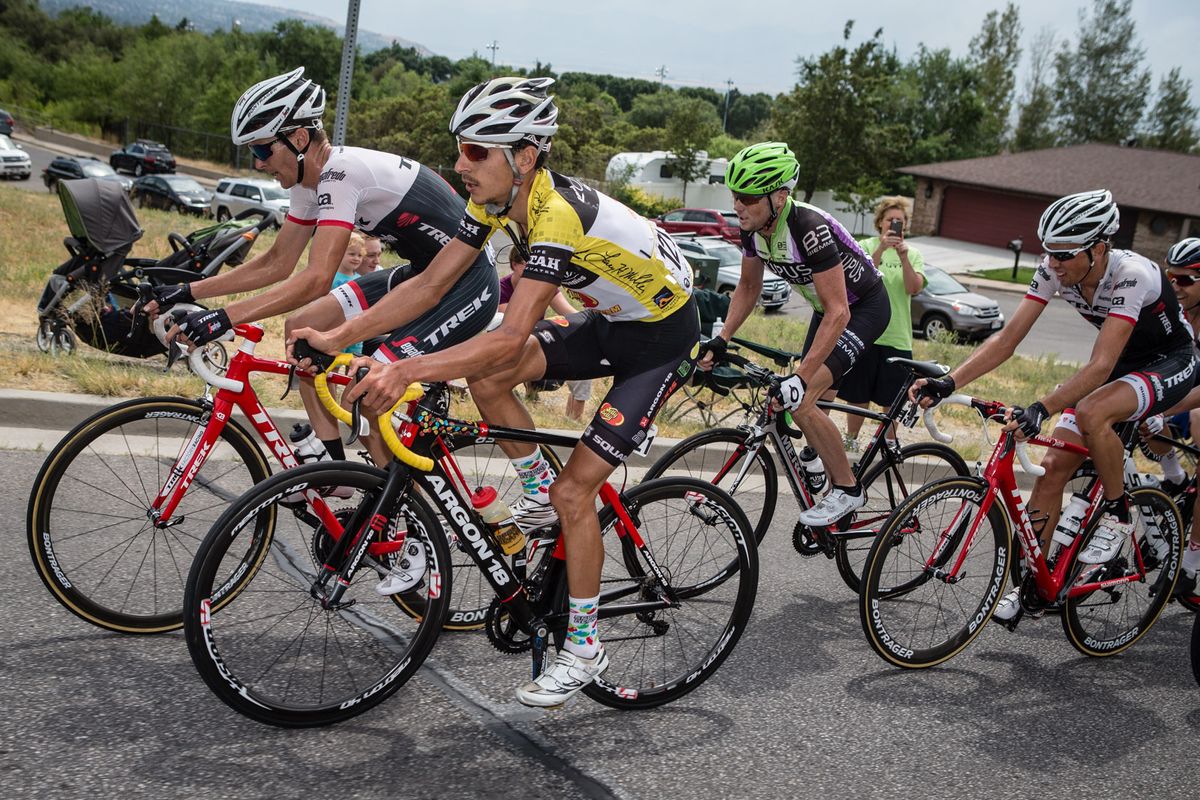 Lachlan Morton (Jelly Belly) and Peter Stetna (Trek) lead a group on the climb.