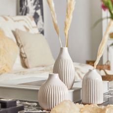 White patterned vases on table with decorative reeds in next to white sofa