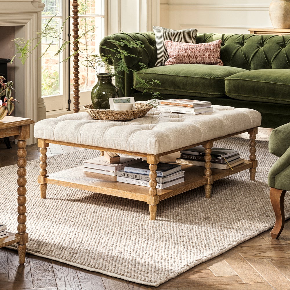 National Trust Upton Washed Oak Large Upholstered Coffee Table With Shelf