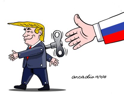 Political cartoon U.S. Trump Putin Helsinki summit Russia democracy