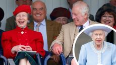 A composite of King Charles and Princess Anne at the Braemar Gathering 2023 and a roundel of Queen Elizabeth at Trooping the Colour 2022