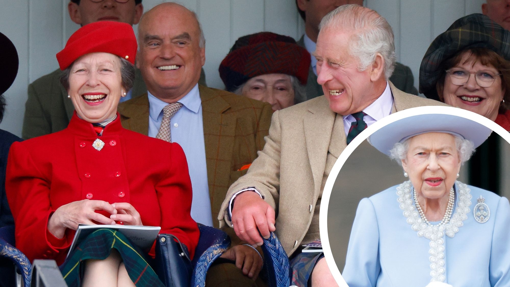 A composite of King Charles and Princess Anne at the Braemar Gathering 2023 and a roundel of Queen Elizabeth at Trooping the Colour 2022