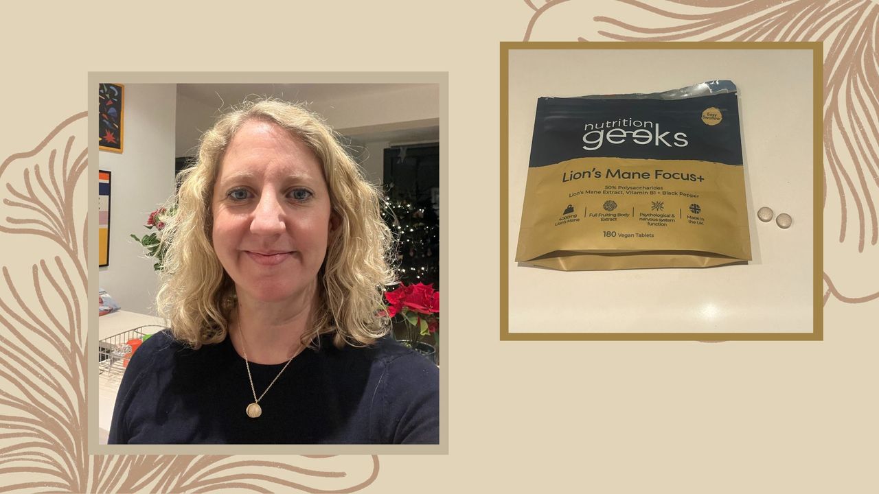 Kat Storr selfie with lion&#039;s mane for brain fog product, backed with illustration of raw lion&#039;s mane mushroom