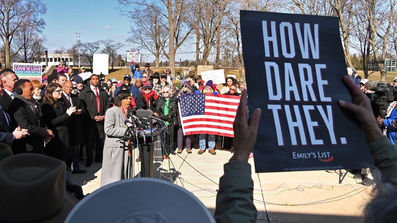 A Senator Angela Alsobrook speaks at a protest 