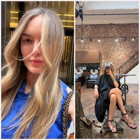 on the left is a woman with long blonde wavy hair and a blue shirt. the right image features a woman with hair foils and a black robe on in a hair salon with her legs out and a cheetah bag