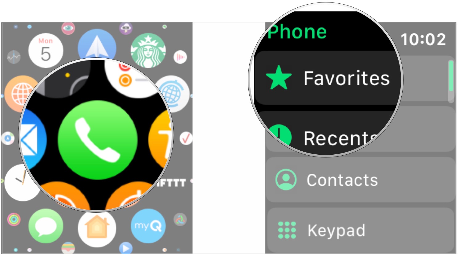 Open Phone, tap Favorites, Recents, Contacts, or Keypads