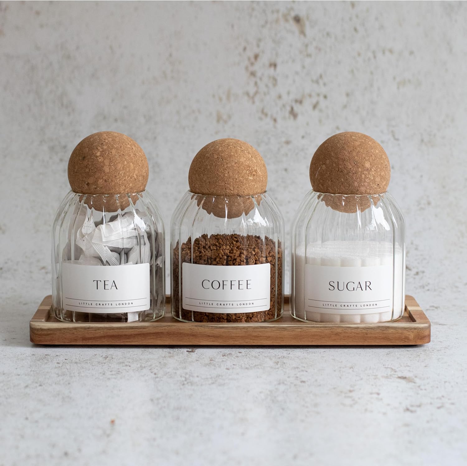 Set of 3 Ribbed Cork Ball Glass Jars 500 Ml Tea Coffee Sugar Labels Included | Kitchen Food Storage Tea Coffee Sugar Canister Food Storage Canister With Acacia Rectangle Tray