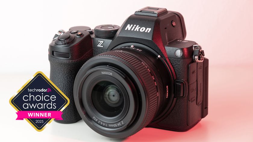 The Nikon Z5 II camera with a logo saying TechRadar Choice Awards Winner 2025