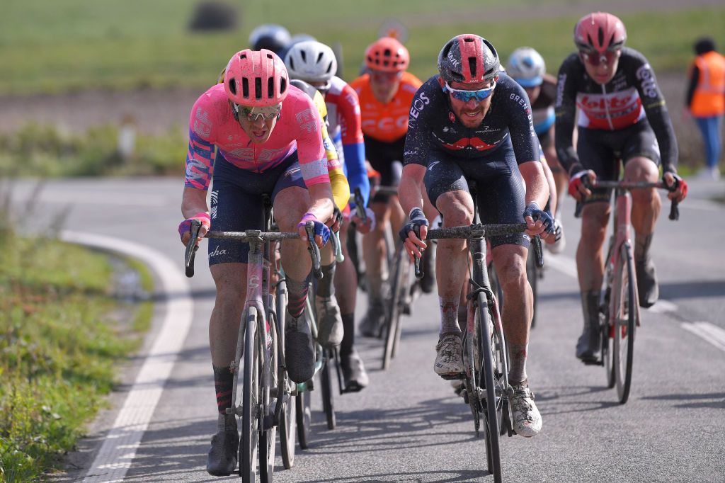 WEVELGEM BELGIUM OCTOBER 11 Sep Vanmarcke of Belgium and Team EF Pro Cycling Luke Rowe of The United Kingdom and Team INEOSGrenadiers Breakaway during the 82nd GentWevelgem In Flanders Fields 2020 Men Elite a 2325km race from Ypres to Wevelgem GentWevelgem FlandersClassic on October 11 2020 in Wevelgem Belgium Photo by Luc ClaessenGetty Images