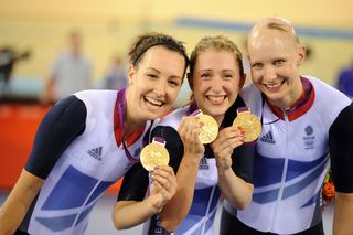 Dani King, Laura Trott and Joanna Rowsell, London 2012 Olympic Games, track day three evening session. Photo: Phil O'Connor